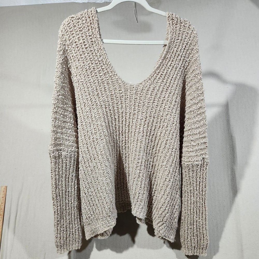 Beige Oatmeal Chunky Knit Oversized V-Neck Sweater Plus Size 5XL Fall Boho Cozy